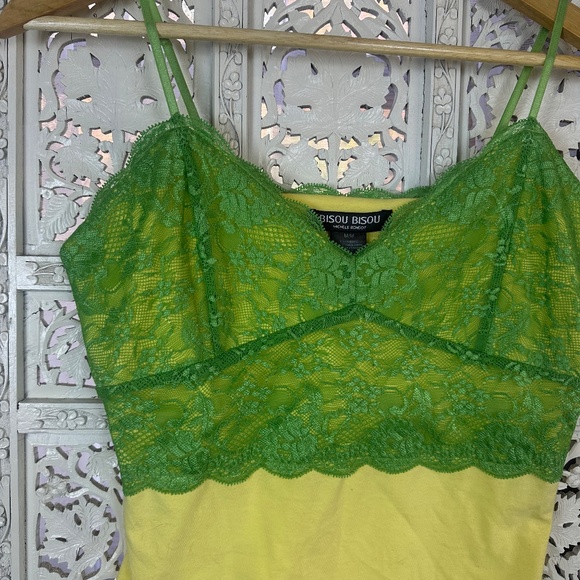 Y2K Bisou Bisou Green & Yellow Lace V Neck Spaghetti Strap Cami Sz Medium - Picture 2 of 5